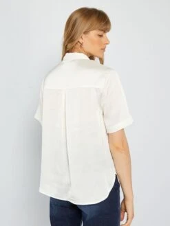 Camisa Satinada De Manga Corta - Blanco -TrendyModa Ventas camisa satinada de manga corta blanco acw55 1 frb4