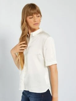 Camisa Satinada De Manga Corta - Blanco -TrendyModa Ventas camisa satinada de manga corta blanco acw55 1 frb6
