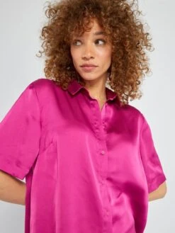 Camisa Satinada De Manga Corta - Rosa -TrendyModa Ventas camisa satinada de manga corta rosa acw55 3 frb4