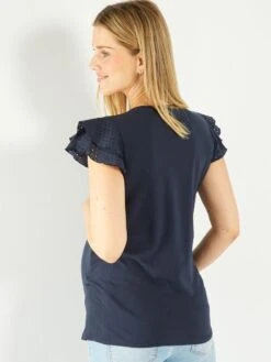 Camiseta De Lactancia Con Volantes En Las Mangas - Azul -TrendyModa Ventas camiseta de lactancia con volantes en las mangas azul ahl70 2 frb4