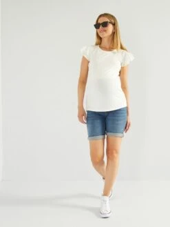 Camiseta De Lactancia Con Volantes En Las Mangas - Blanco -TrendyModa Ventas camiseta de lactancia con volantes en las mangas blanco ahl70 1 frb3