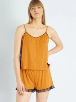 Conjunto De Pijama Corto Con Encaje - 2 Piezas - Camello