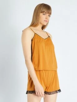 Conjunto De Pijama Corto Con Encaje - 2 Piezas - Camello -TrendyModa Ventas conjunto de pijama corto con encaje 2 piezas camello ala46 1 frb3