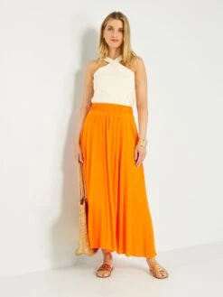 Falda Larga De Tejido Gofrado - NARANJA