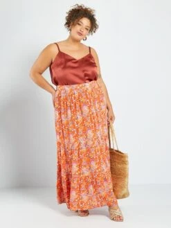 Falda Larga Estampada Con Capas - NARANJA -TrendyModa Ventas falda larga estampada con capas naranja aer28 2 frb2