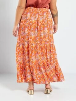 Falda Larga Estampada Con Capas - NARANJA -TrendyModa Ventas falda larga estampada con capas naranja aer28 2 frb3