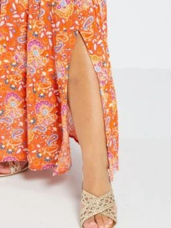 Falda Larga Estampada Con Capas - NARANJA -TrendyModa Ventas falda larga estampada con capas naranja aer28 2 frb4