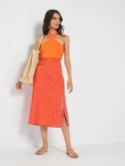 Falda Midi Estampada De Lino - ROSA