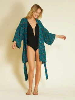 Kimono De Playa Con Estampado - AZUL