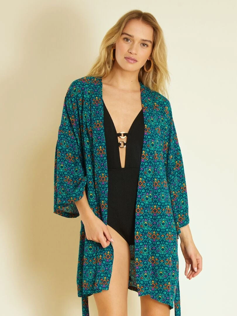 Kimono De Playa Con Estampado - AZUL 4 Kimono De Playa Con Estampado - AZUL - Imagen 2