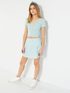 Minifalda Pantalón Con Estampado Floral Y Abertura - AZUL