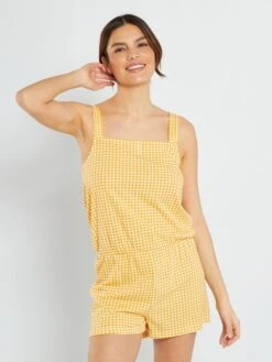 Mono De Pijama Con Estampado De 'vichy' - Amarillo -TrendyModa Ventas mono de pijama con estampado de vichy amarillo alb01 1 frb3