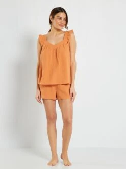 Pijama Corto De Gasa De Algodón - 2 Piezas - NARANJA -TrendyModa Ventas pijama corto de gasa de algodon 2 piezas naranja zr893 3 frb3