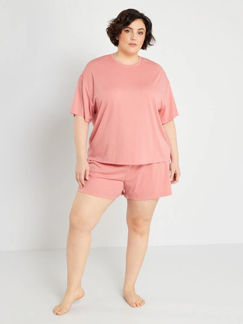 Pijama Corto De Punto De Canalé - 2 Piezas - Rosa 4 Pijama Corto De Punto De Canalé - 2 Piezas - Rosa - Imagen 2