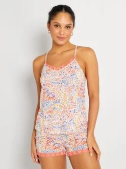 Pijama Corto Estampado - 2 Piezas - Naranja / Blanco