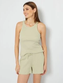 Pijama Corto Short + Camiseta Sin Mangas - 2 Piezas - Beige -TrendyModa Ventas pijama corto short camiseta sin mangas 2 piezas beige zr912 1 frb2