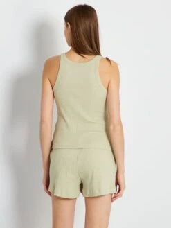 Pijama Corto Short + Camiseta Sin Mangas - 2 Piezas - Beige -TrendyModa Ventas pijama corto short camiseta sin mangas 2 piezas beige zr912 1 frb3