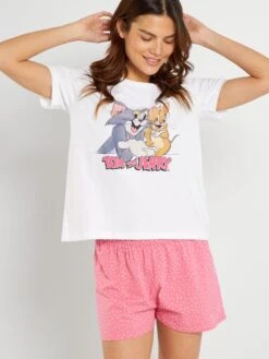 Pijama Corto 'Tom Y Jerry' - 2 Piezas - Blanco/rosa -TrendyModa Ventas pijama corto tom y jerry 2 piezas blancorosa acp22 1 frb4