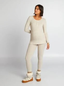 Pijama Largo De Punto Suave - 2 Piezas - BEIGE