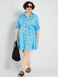 Vestido Camisero Corto Con Cinturón - AZUL