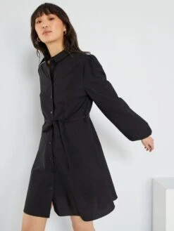 Vestido Camisero Corto Con Cinturón - Negro
