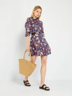 Vestido Camisero Corto Estampado - AZUL