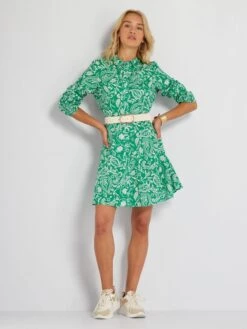 Vestido Camisero Corto Estampado - VERDE