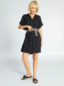 Vestido Camisero De Doble Gasa De Algodón - Negro