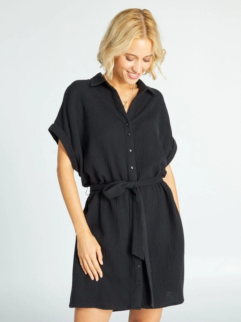 Vestido Camisero De Doble Gasa De Algodón - Negro 4 Vestido Camisero De Doble Gasa De Algodón - Negro - Imagen 2