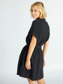 Vestido Camisero De Doble Gasa De Algodón - Negro 7 Vestido Camisero De Doble Gasa De Algodón - Negro -TrendyModa Ventas vestido camisero de doble gasa de algodon negro avl31 2 frb3
