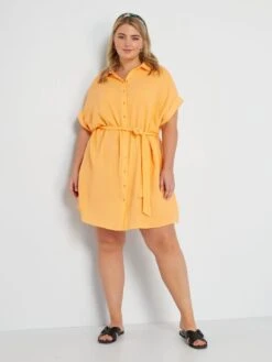 Vestido Camisero De Gasa De Algodón - Naranja Albaricoque