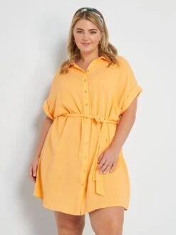Primera página -TrendyModa Ventas vestido camisero de gasa de algodon naranja albaricoque zn797 7 frb2