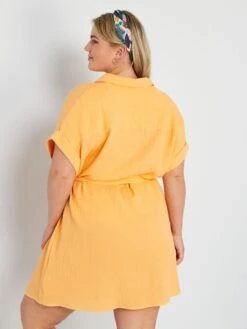 Vestido Camisero De Gasa De Algodón - Naranja Albaricoque -TrendyModa Ventas vestido camisero de gasa de algodon naranja albaricoque zn797 7 frb3