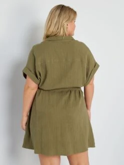 Vestido Camisero De Gasa De Algodón - Verde Liquen -TrendyModa Ventas vestido camisero de gasa de algodon verde liquen zn797 9 frb3