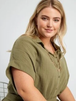 Vestido Camisero De Gasa De Algodón - Verde Liquen -TrendyModa Ventas vestido camisero de gasa de algodon verde liquen zn797 9 frb4