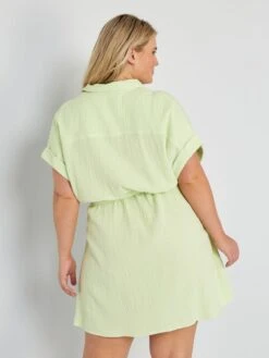 Vestido Camisero De Gasa De Algodón - VERDE -TrendyModa Ventas vestido camisero de gasa de algodon verde zn797 10 frb3