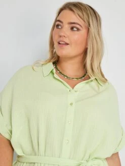 Vestido Camisero De Gasa De Algodón - VERDE -TrendyModa Ventas vestido camisero de gasa de algodon verde zn797 10 frb4