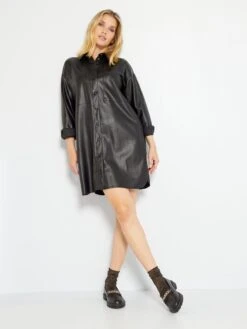 Vestido Camisero De Piel Sintética - Negro