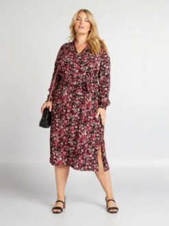 Vestido Camisero Midi Con Estampado All Over - NEGRO