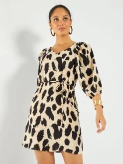 Vestido Con Manga Abullonada Y Estampado De Manchas - MARRON -TrendyModa Ventas vestido con manga abullonada y estampado de manchas marron atv61 1 frb2