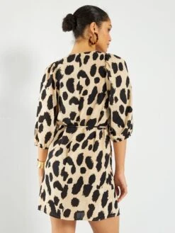 Vestido Con Manga Abullonada Y Estampado De Manchas - MARRON -TrendyModa Ventas vestido con manga abullonada y estampado de manchas marron atv61 1 frb3