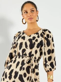 Vestido Con Manga Abullonada Y Estampado De Manchas - MARRON -TrendyModa Ventas vestido con manga abullonada y estampado de manchas marron atv61 1 frb4