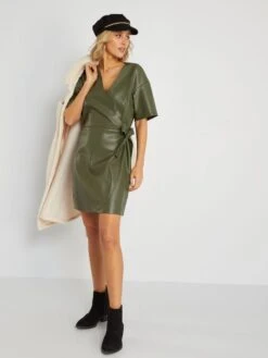 Vestido Corto Con Cinturón Anudable - Verde Oscuro