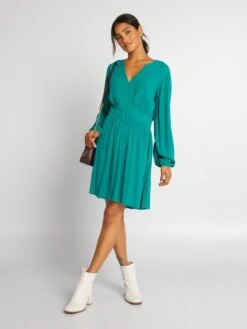 Vestido Corto De Crespón - VERDE