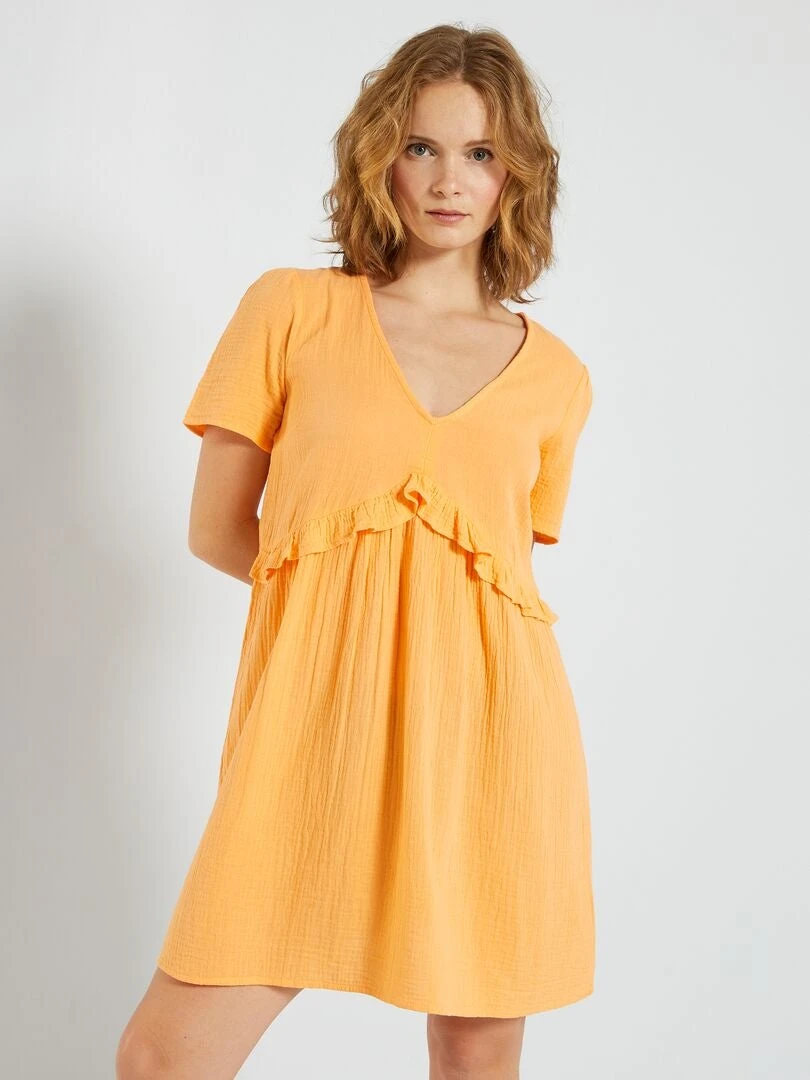 Vestido Corto De Gasa De Algodón - Naranja Albaricoque 3 Vestido Corto De Gasa De Algodón - Naranja Albaricoque