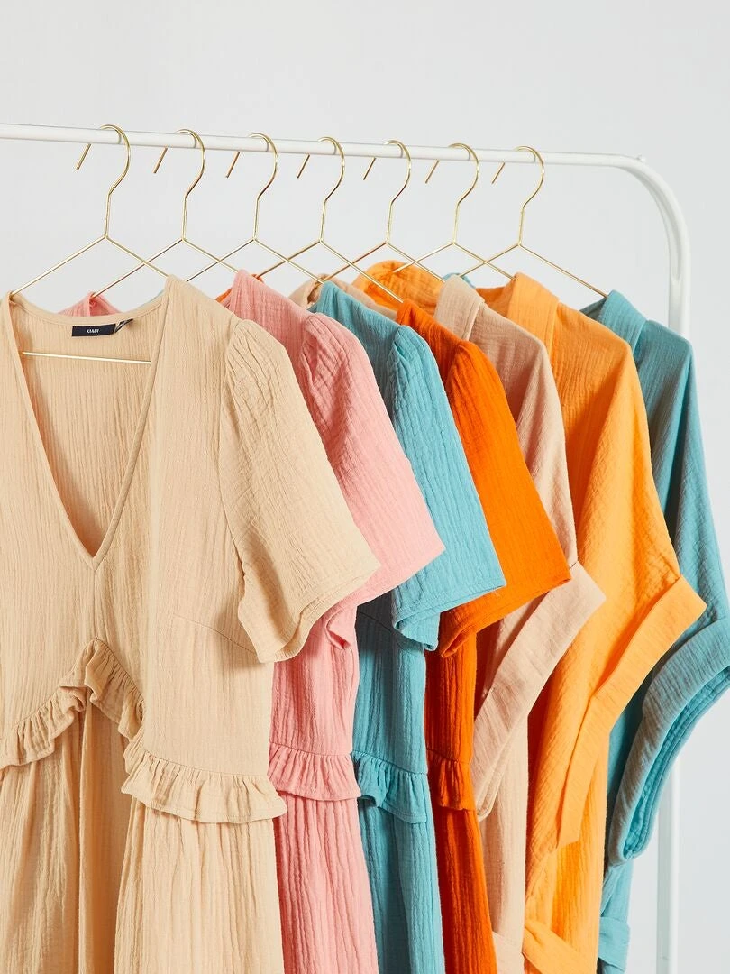 Vestido Corto De Gasa De Algodón - Naranja Albaricoque 6 Vestido Corto De Gasa De Algodón - Naranja Albaricoque - Imagen 4