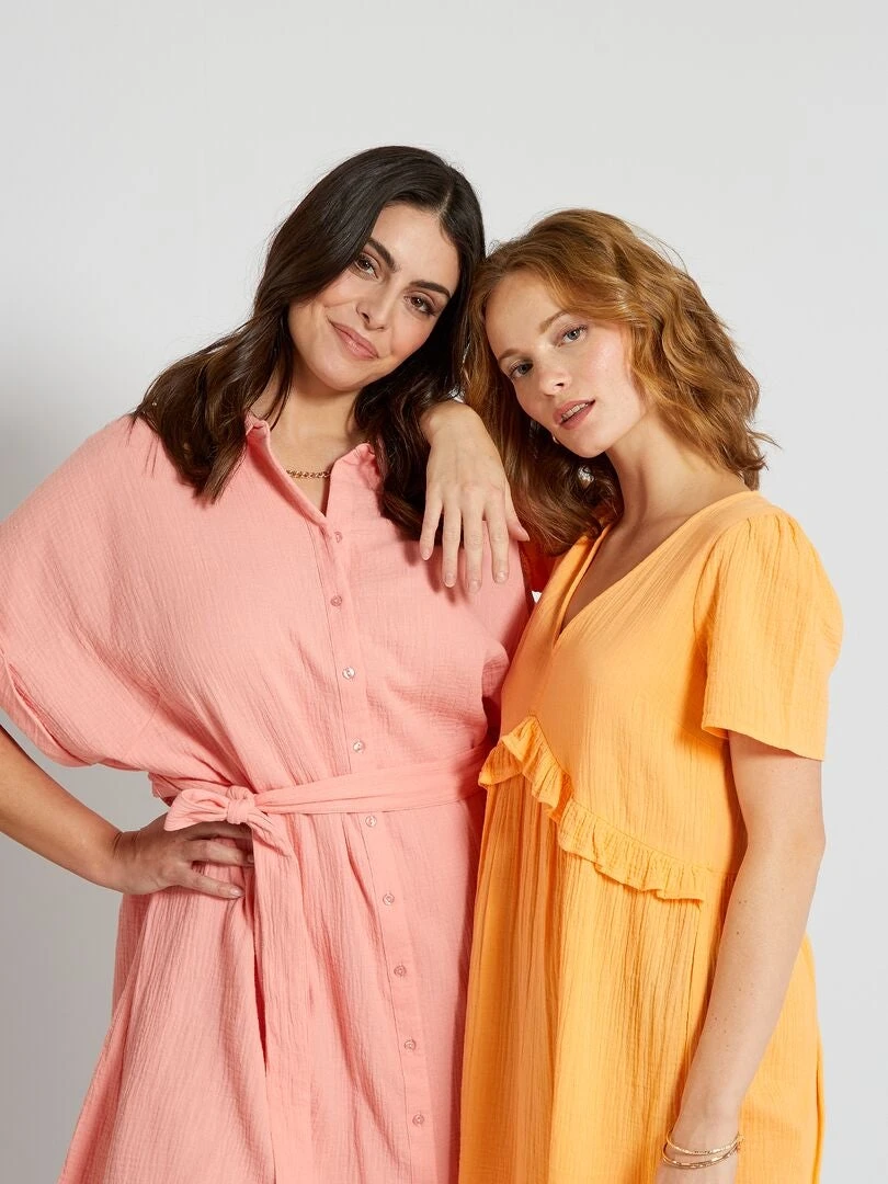 Vestido Corto De Gasa De Algodón - Naranja Albaricoque 7 Vestido Corto De Gasa De Algodón - Naranja Albaricoque - Imagen 5