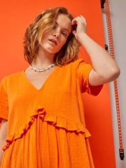 Vestido Corto De Gasa De Algodón - Naranja -TrendyModa Ventas vestido corto de gasa de algodon naranja zn774 2 frb3