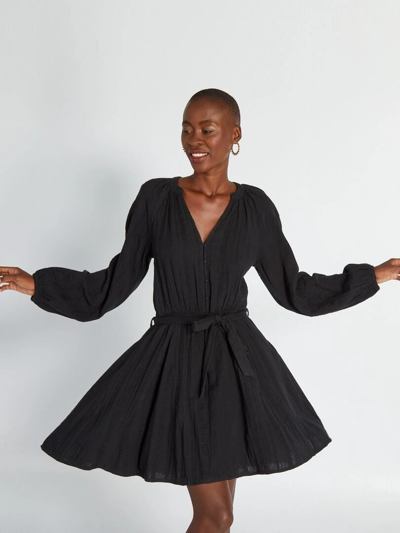 Vestido Corto De Gasa De Algodón - Negro 3 Vestido Corto De Gasa De Algodón - Negro