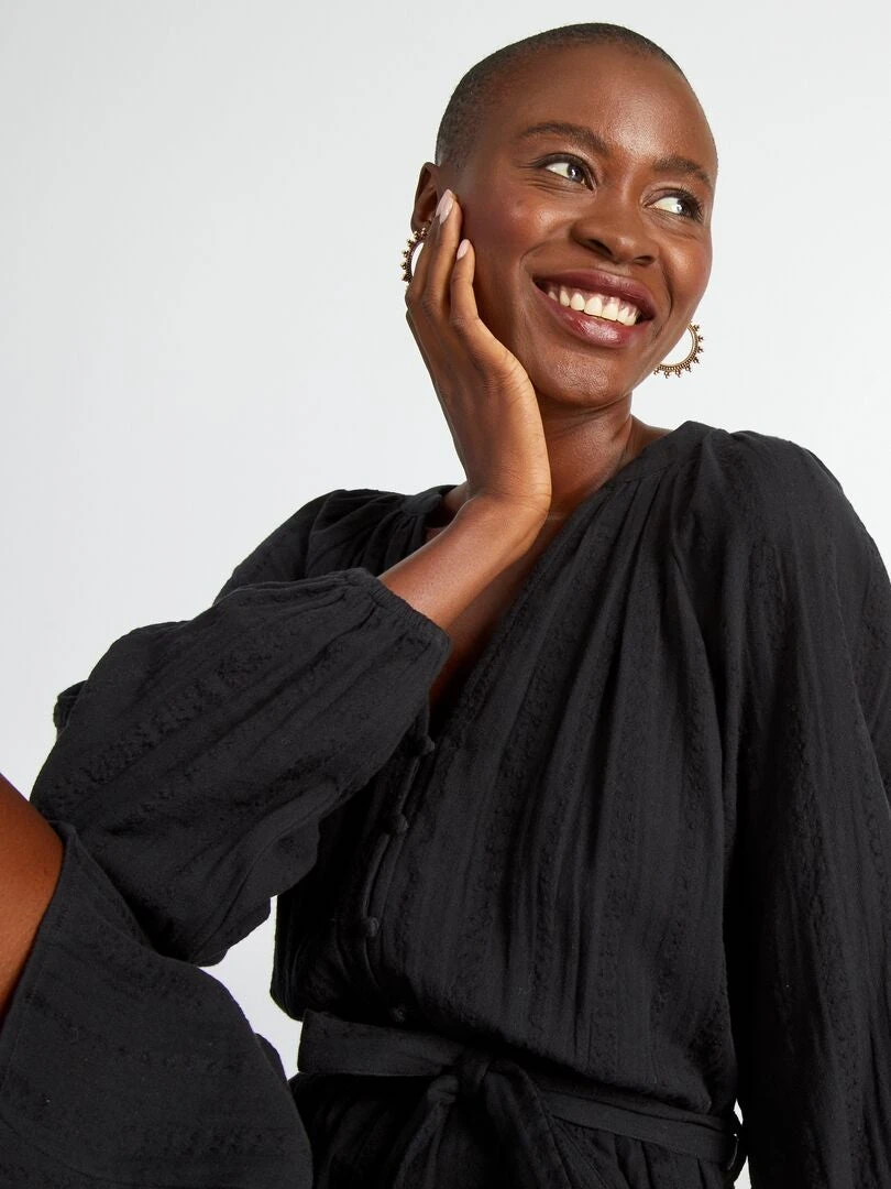 Vestido Corto De Gasa De Algodón - Negro 4 Vestido Corto De Gasa De Algodón - Negro - Imagen 2